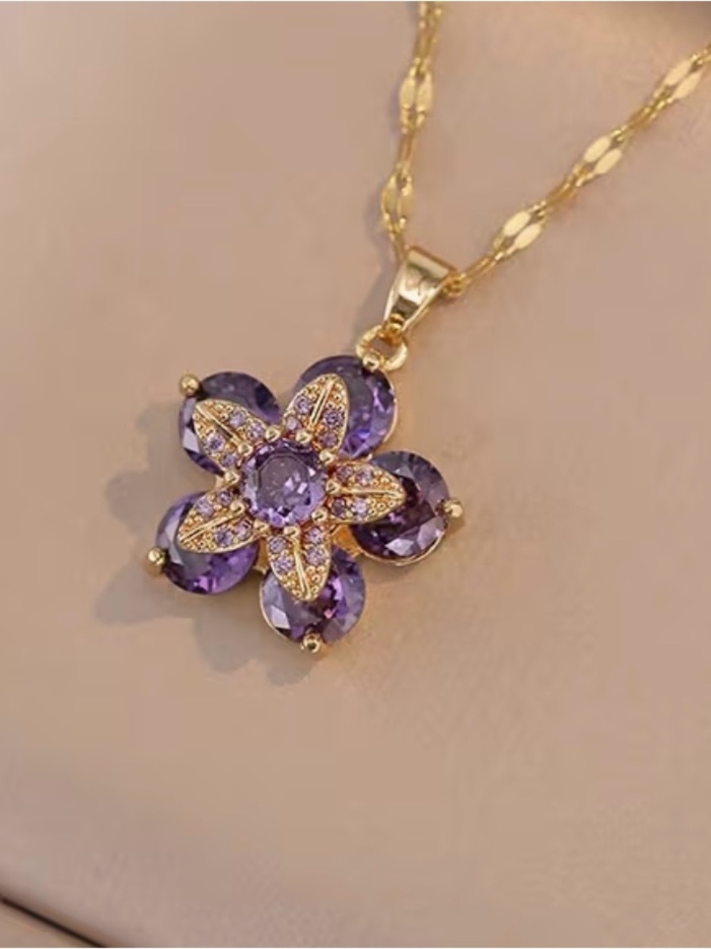 Gorgeous Gold and Purple Gemstone Flower Pendant Necklace - Picture 2 of 8